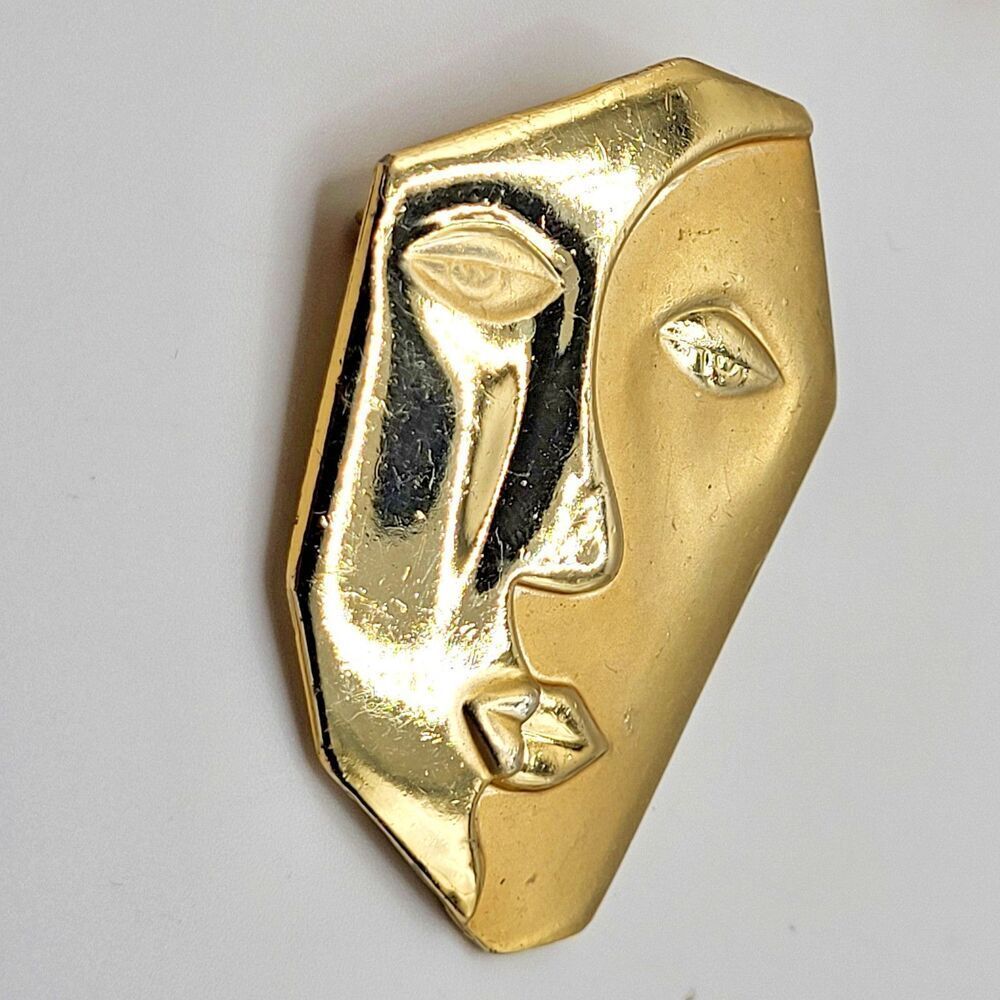 The Kissing Faces Brooch Modernist Two Faced Gold Tone Pin Expression of Love 2" - Picture 3 of 3